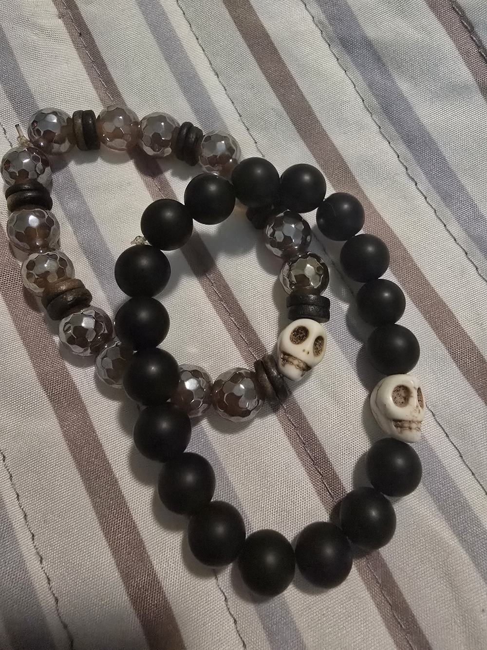 Lemon And Lava, Black Beaded Skull Stretch Bracelet - Matte Black & White